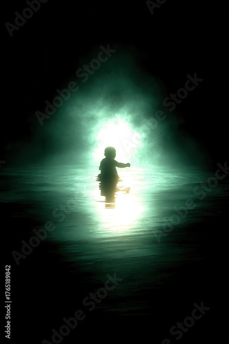 Wallpaper Mural Silhouette of child standing in water is illuminated by mysterious green light, creating ethereal and dreamlike atmosphere. scene is enveloped in mist, enhancing sense of mystery and wonder Torontodigital.ca