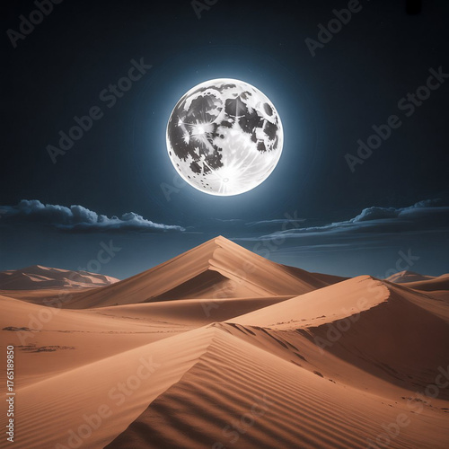 Vast desert dunes illuminated by a luminous full moon under a starry night sky