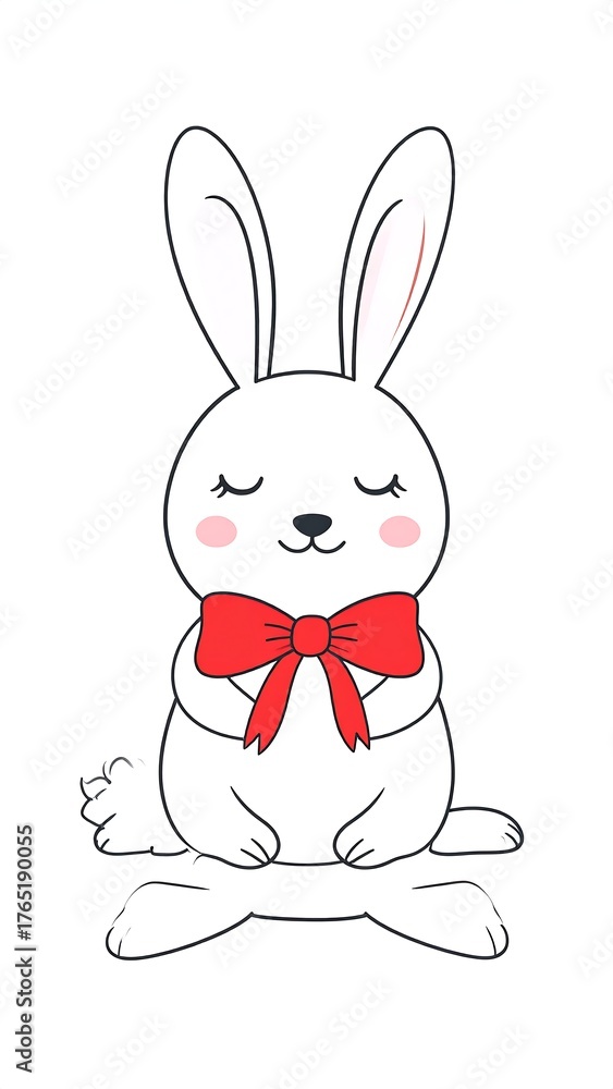 Fototapeta premium Cartoon-style illustration of a white rabbit with a bright red bow tie, isolated on white