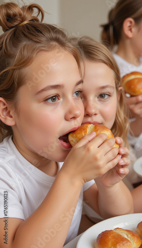 Young girls enjoying sweet rolls while sitting at a table indoors  