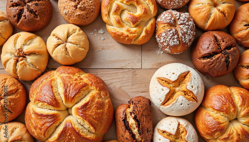 Baked bread rolls arranged on wooden surface in various shapes  