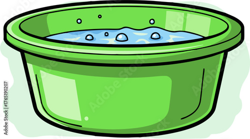 A bright green plastic basin filled with bubbly water illustration.