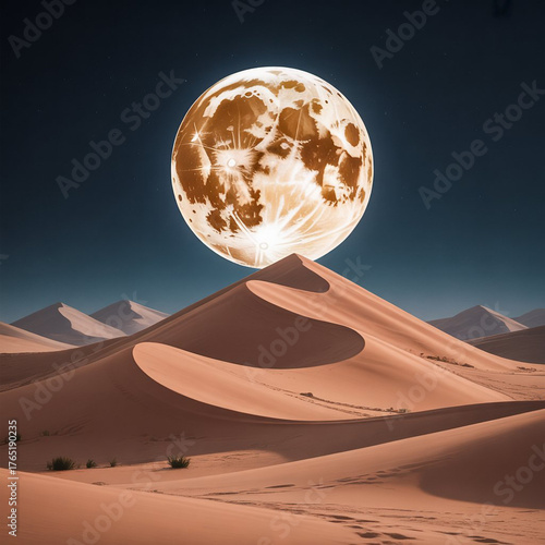A supermoon illuminates vast desert dunes under a starry night sky