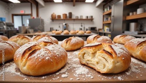 Freshly baked bread rolls with flour on wooden table in bakery  