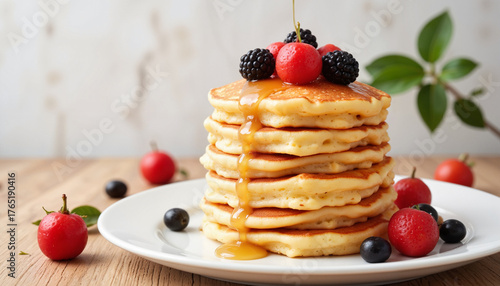 Stack of fluffy pancakes topped with berries and syrup on dish  
