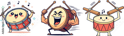 Set of Three Cute and Strong Drum Characters Playing Music with Drumsticks Illustration