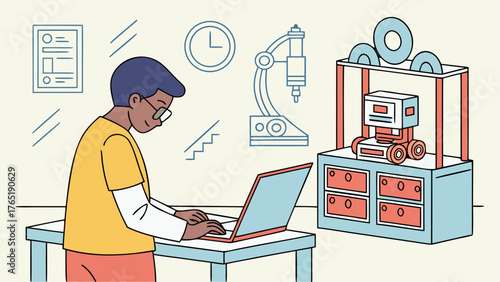 3D student building robotics project with laptop and sensors in modern school lab environment