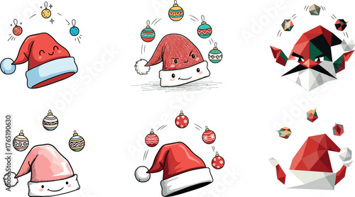 Set of Six Santa Hat Characters Juggling Christmas Ornaments in Cartoon, Sketch, and Low Poly Styles