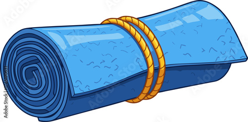 Cartoon illustration of a rolled up blue mat tied with a yellow rope.