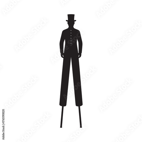 Silhouette of a man on stilts wearing a top hat and suit