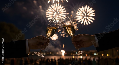 Two champagne glasses toasting with fireworks in the background at night time celebration event scene