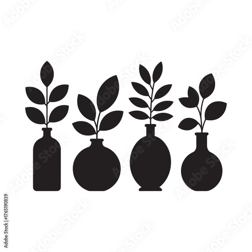 Four silhouette plants in vases minimalist design