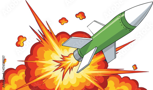 Green military rocket missile launching with a fiery explosion.