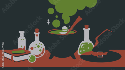 Enchanting Halloween scene featuring a bubbling cauldron, potion bottles, and a witch's hat perfect for spooky season designs and magical themes