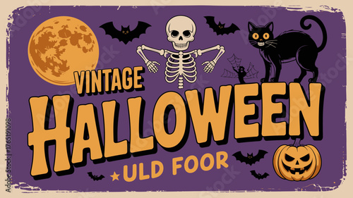 Eerie Halloween Night Retro Vibes Design Featuring Full Moon, Bats, Skeleton, Black Cat and Jack O'Lantern for Spooky Fun, Perfect for Vintage Style