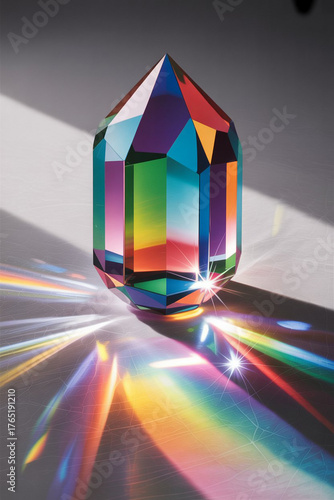 A faceted crystal refracts light into a spectrum of vibrant rainbow colors casting colorful reflections on a gray surface
