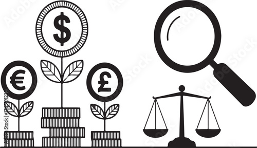 Financial Growth and Analysis Euro, Dollar, and Pound Sterling Flourishing with Magnifying Glass and Scales