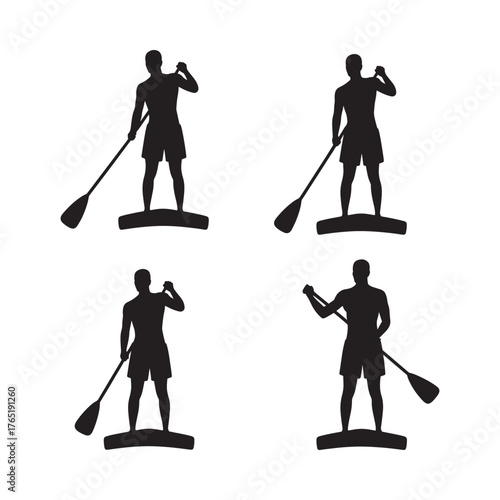Silhouette of a person paddleboarding in four different poses