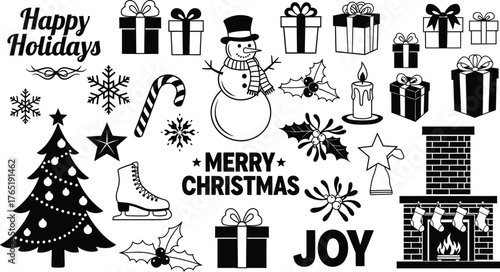 A festive christmas collection of black and white holiday themed clip art illustrations varied shapes