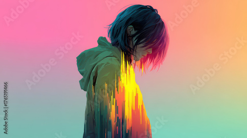 Woman in virtual world experiences chaos in this vibrant artwork, capturing emotions through striking colors and abstract forms
