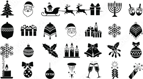 A collection of christmas and new year themed vector icons in black and white silhouette style
