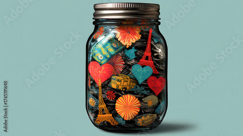 Wallpaper Mural Colorful jar filled with travel themed decorations including hearts, Eiffel Tower, and vibrant flowers, perfect for digital nomad on budget Torontodigital.ca
