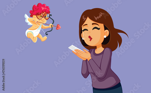 Woman Finding Cupid Online on Dating App Vector Cartoon. Lady trying a matchmaking service online talking and flirting with her new partner 