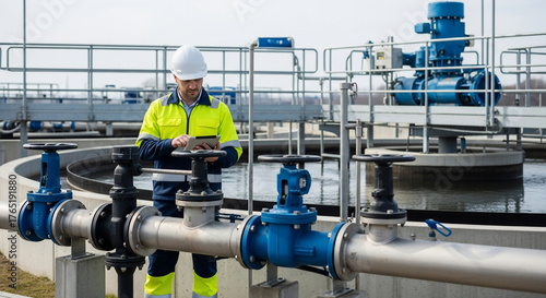 Engineer Monitoring Industrial Water Treatment Plant Pipes Outdoor
