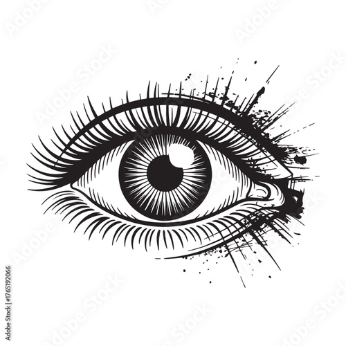 Detailed eye illustration with artistic splash design in black and white
