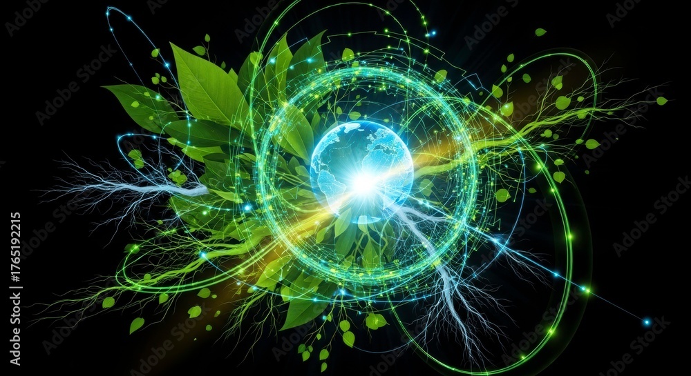 Obraz premium Energy and Earth: A dazzling visual symphony where nature intertwines with energy, symbolized by a bright globe surrounded by radiant lines and vibrant leaves.
