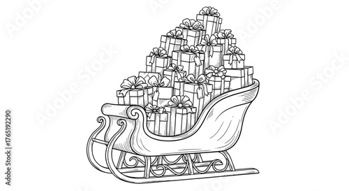 Hand-drawn black and white line art illustration of a vintage sleigh overflowing with a massive pile of beautifully wrapped Christmas gifts, perfect for holiday promotions and festive designs.