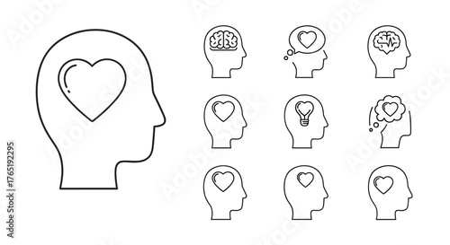 Set of line icons representing human head profiles with various elements inside, symbolizing thoughts, emotions, and ideas. Includes icons for brain, heart, lightbulb, and thought bubbles, ideal for