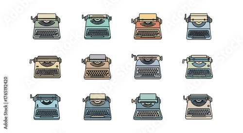 A collection of twelve flat design icons representing vintage typewriters in various pastel colors, arranged in a 3x4 grid against a black background, perfect for graphic design, web, and educational