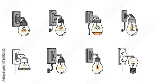 Set of eight simple line art icons depicting various wall-mounted light bulbs, including Edison-style, LED, and bell-shaped fixtures, presented on a clean white background, ideal for graphic design