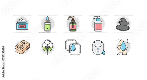 Set of minimalist skincare icons for web and graphic design, apps, banners, social networks, and cards. Includes cream jar, serum bottle, soap, cotton, face mask, and spa stones. Vector cartoon