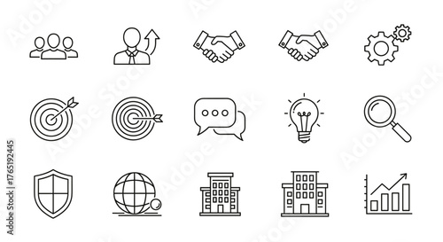 Collection of business-themed line icons on a black background, featuring concepts like teamwork, growth, partnership, strategy, communication, innovation, research, security, global reach, and