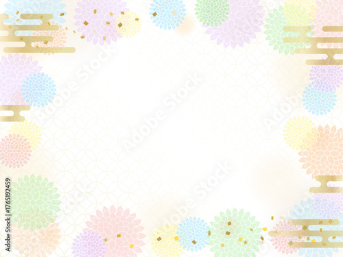 カラフルな菊の花の背景、和柄のフレーム
