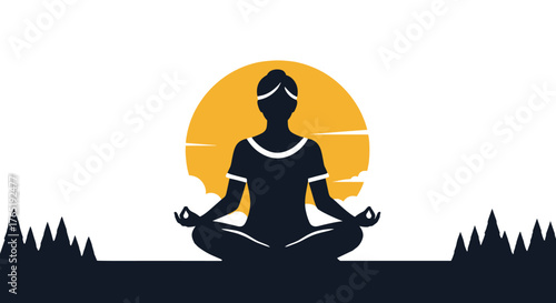 Silhouette of a person meditating in a lotus position against a large, vibrant orange sun and dramatic clouds, symbolizing inner peace, mindfulness, and a healthy lifestyle amidst a stylized mountain