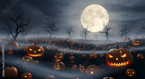 Wallpaper Mural Mystical Halloween night with glowing jack-o'-lanterns and atmospheric fog under a brilliant full moon, creating an eerie and captivating spooky landscape Torontodigital.ca