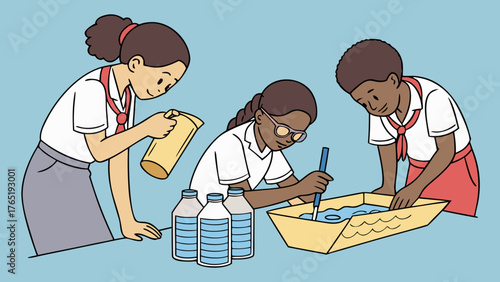 Kids performing 3D water filtration science experiment with teamwork in school classroom