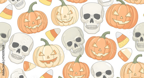 Wallpaper Mural Festive Halloween Pattern Featuring Pumpkins, Skulls, and Candy Corn for Spooky Celebrations Torontodigital.ca