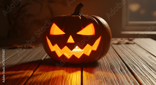 Wallpaper Mural A spooky carved Jack-o'-lantern with an evil grin glows ominously on a wooden table, a classic symbol of Halloween tradition Torontodigital.ca