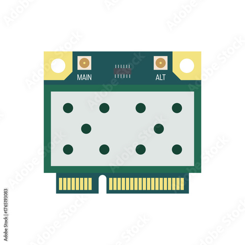 Color fill vector of a laptop wireless network card showing antenna connectors, circuitry, and gold contacts in a modern flat style.