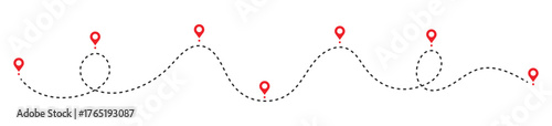 Dot line path route travel vector with location map pin icon. Route location icon 7 pin sign and dotted line.