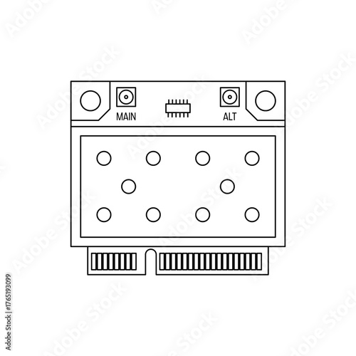 Outline vector illustration of a laptop Wi-Fi network card, minimal line art design of internal wireless adapter hardware.