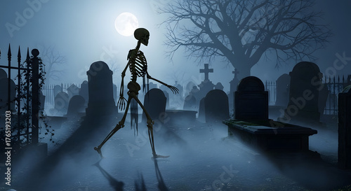 Wallpaper Mural A lone skeleton eerily strides through a dense, moonlit fog covering an ancient graveyard, creating a chilling and mysterious atmosphere perfect for Halloween horror themes Torontodigital.ca