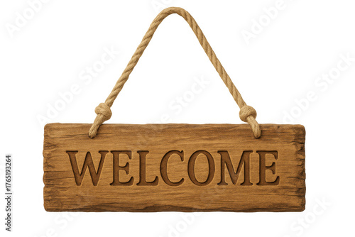Welcome sign hanging on rope, warm greeting message carved in rustic wooden plank, indicating hospitality and entrance