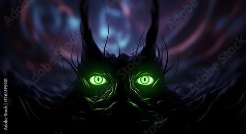 Wallpaper Mural Close-up view of glowing green eyes peering from shadowy, mystical darkness, evoking a sense of mystery and otherworldly presence Torontodigital.ca