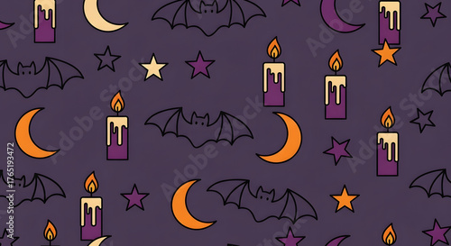 Wallpaper Mural Halloween-themed repeating pattern featuring bats, moons, candles, and stars on a purple background Torontodigital.ca