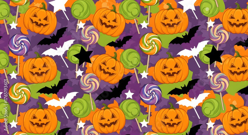 Wallpaper Mural Festive Halloween Pattern with Pumpkins, Bats, and Swirl Lollipops on a Purple Background Torontodigital.ca